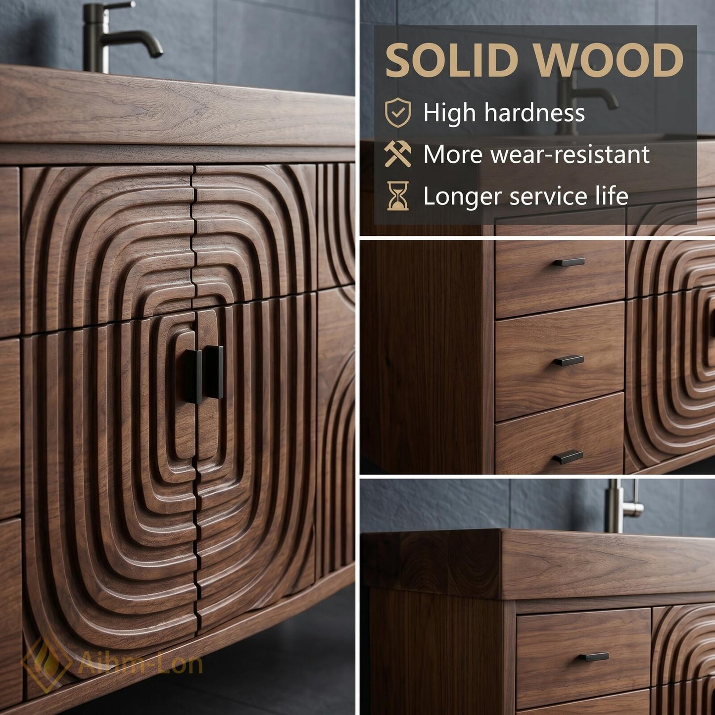 78''-96'' Double Bathroom Vanity with Sink Modern Floating Carved Relief Pattern Wood