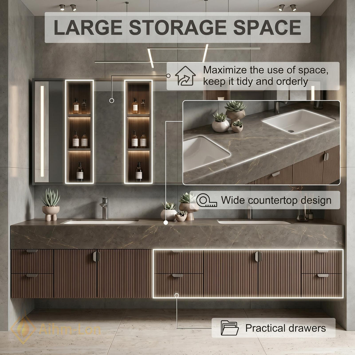 60''-96'' Double Bathroom Vanity with Sink Slatted Gray Warm Wood Texture Shelving