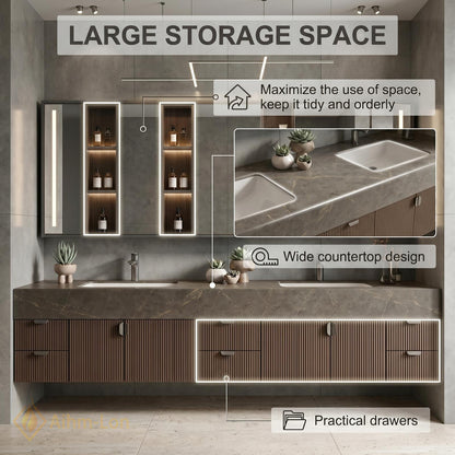 60''-96'' Double Bathroom Vanity with Sink Slatted Gray Warm Wood Texture Shelving