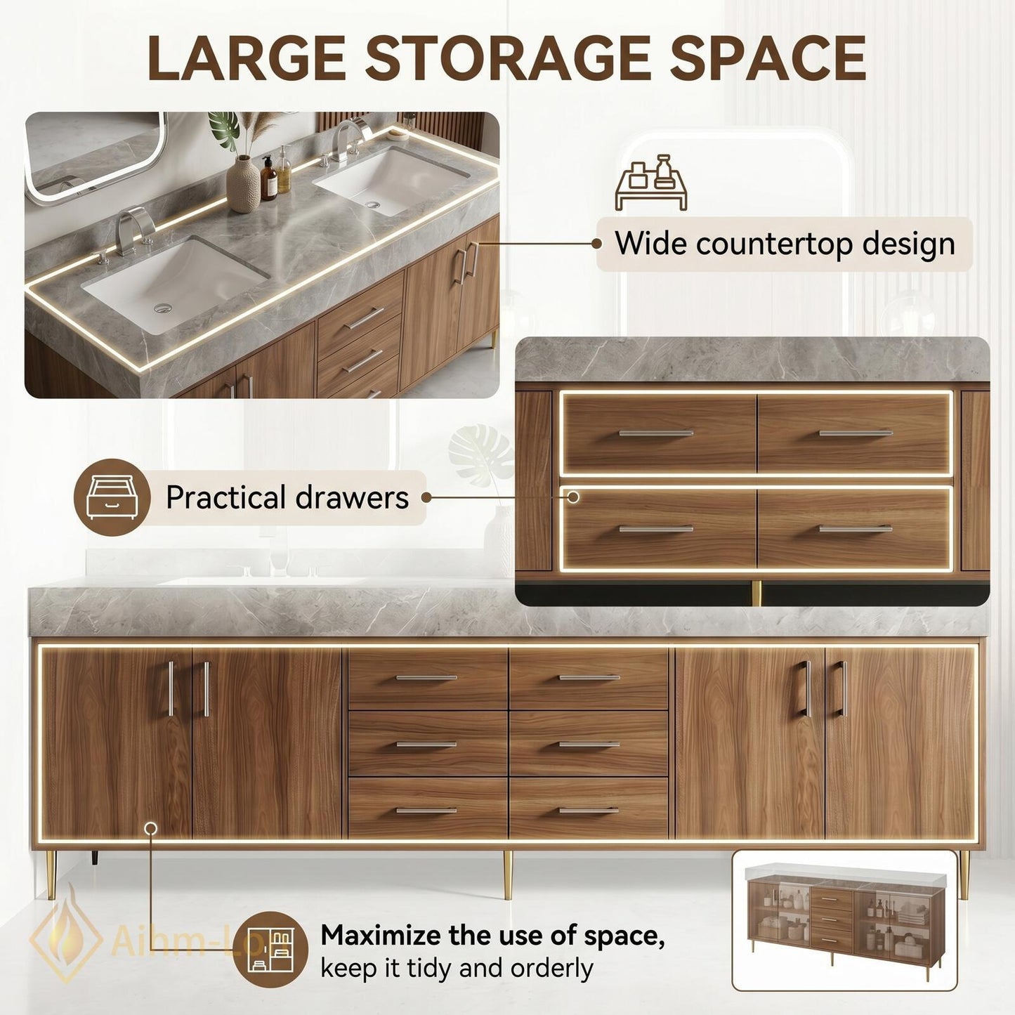 70''-96'' Double Bathroom Vanity with Sink Warm-Wood Floating Grain Drawer Modern