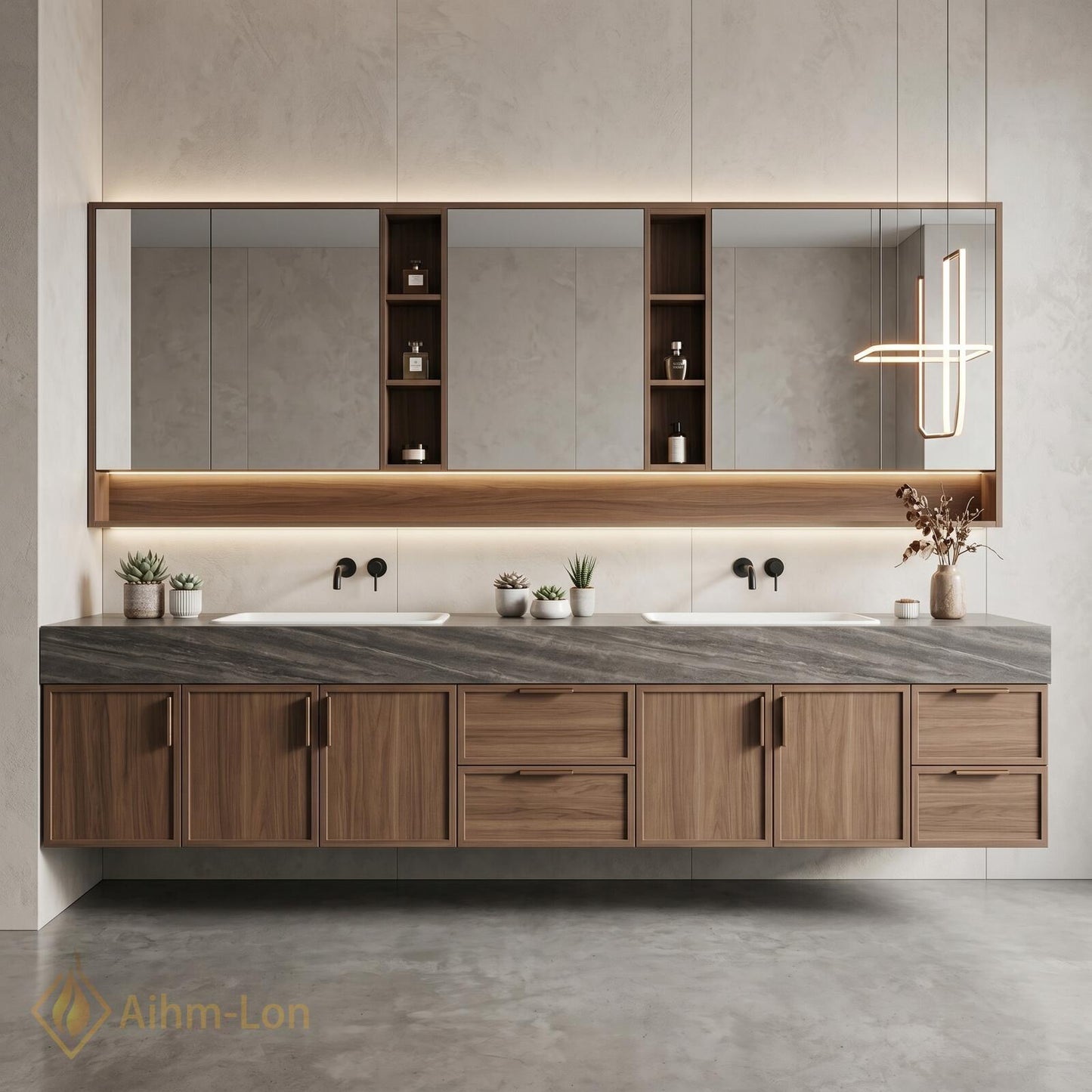 76''-96'' Modern Floating Bathroom Vanity with Sink Warm Wood Grain Wide Counter