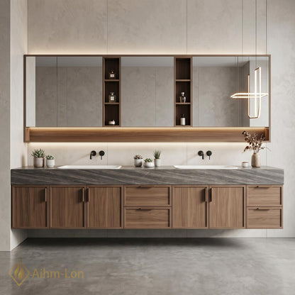 76''-96'' Modern Floating Bathroom Vanity with Sink Warm Wood Grain Wide Counter