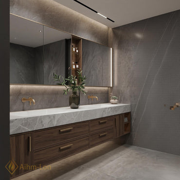 70''-96'' Double Bathroom Vanity with Sink Modern Floating Dark Walnut Marble Top