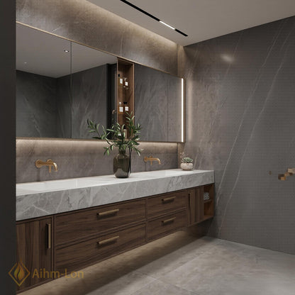 70''-96'' Double Bathroom Vanity with Sink Modern Floating Dark Walnut Marble Top