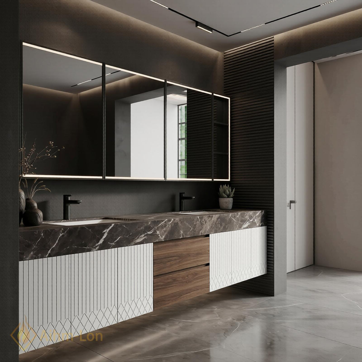 60''-96'' Double Bathroom Vanity with Sink Modern Floating Dark Marble Looktop Slatted