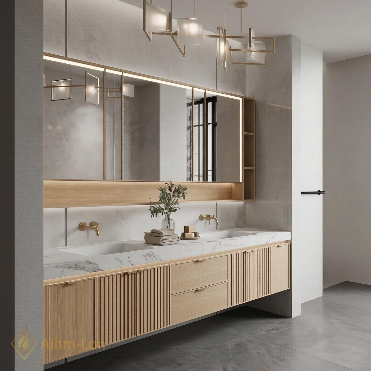 78''-96'' Double Bathroom Vanity with Sink Floating Double Oak Finish Slatted Front