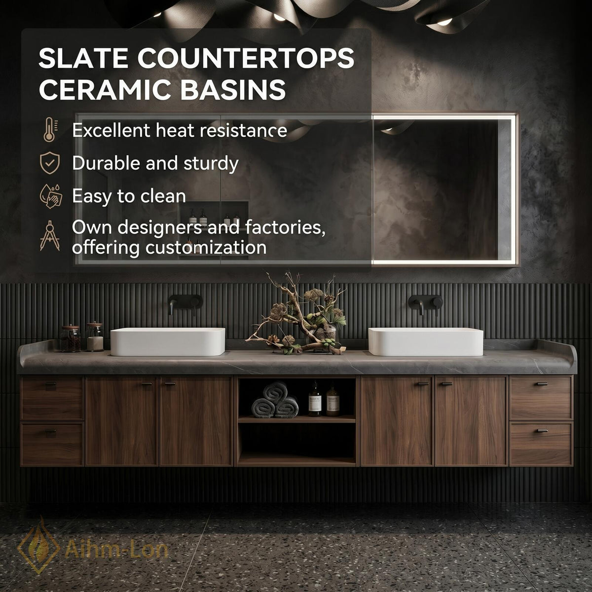 60''-96'' Double Bathroom Vanity with Sink Modern Floating Dark Wood Grain Open Shelving