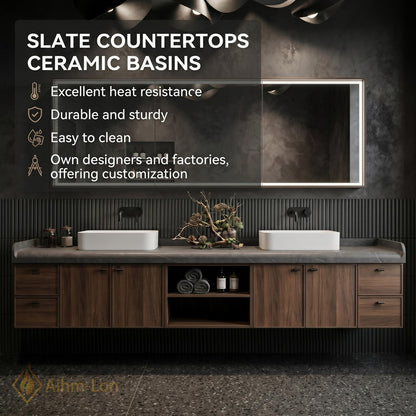 60''-96'' Double Bathroom Vanity with Sink Modern Floating Dark Wood Grain Open Shelving