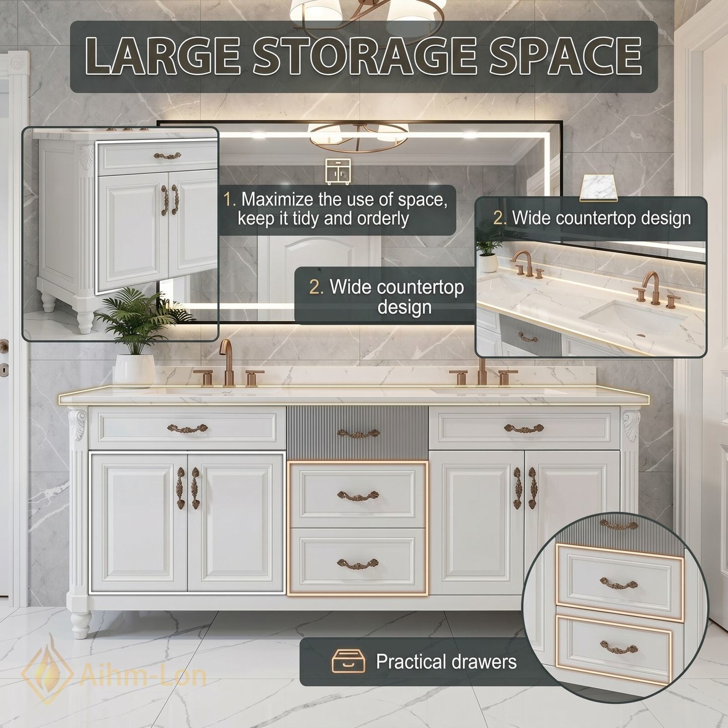 72''-96'' Modern Bathroom Vanity with Sink White Stone Textured Gray Drawer Cabinet