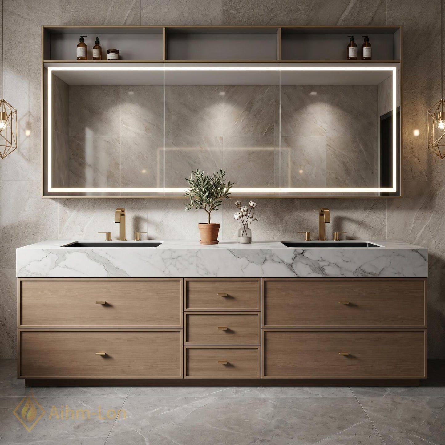 60''-96'' Double Bathroom Vanity with Sink Floating Marble-Top Mirror Sleek
