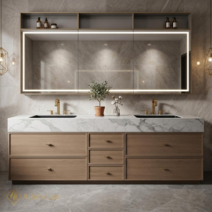 60''-96'' Double Bathroom Vanity with Sink Floating Marble-Top Mirror Sleek