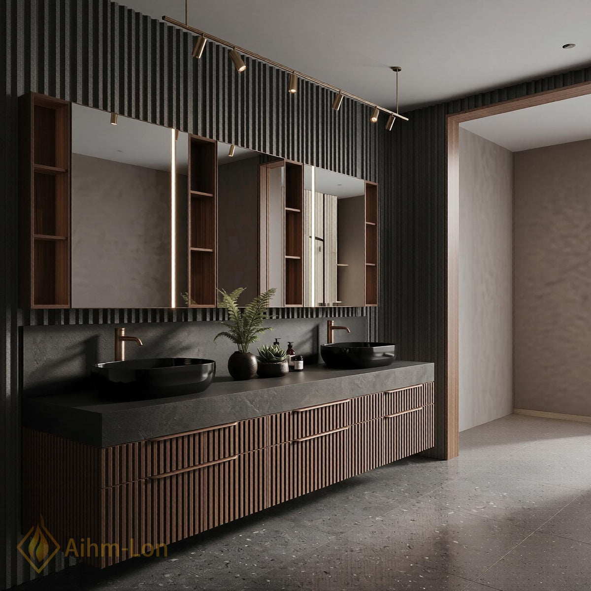 60''-96'' Double Bathroom Vanity with Sink Stone Top Sleek Dark Finish Drawers