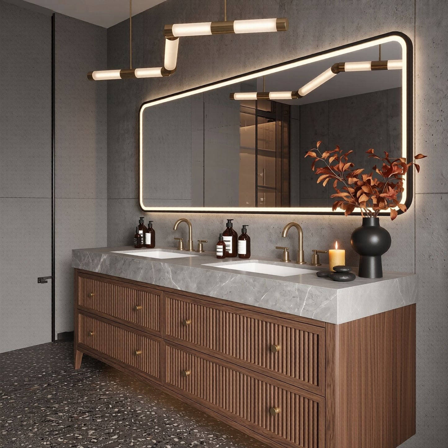 60''-96'' Modern Bathroom Vanity with Sink Grey Marble Slatted Wood Spacious Drawers