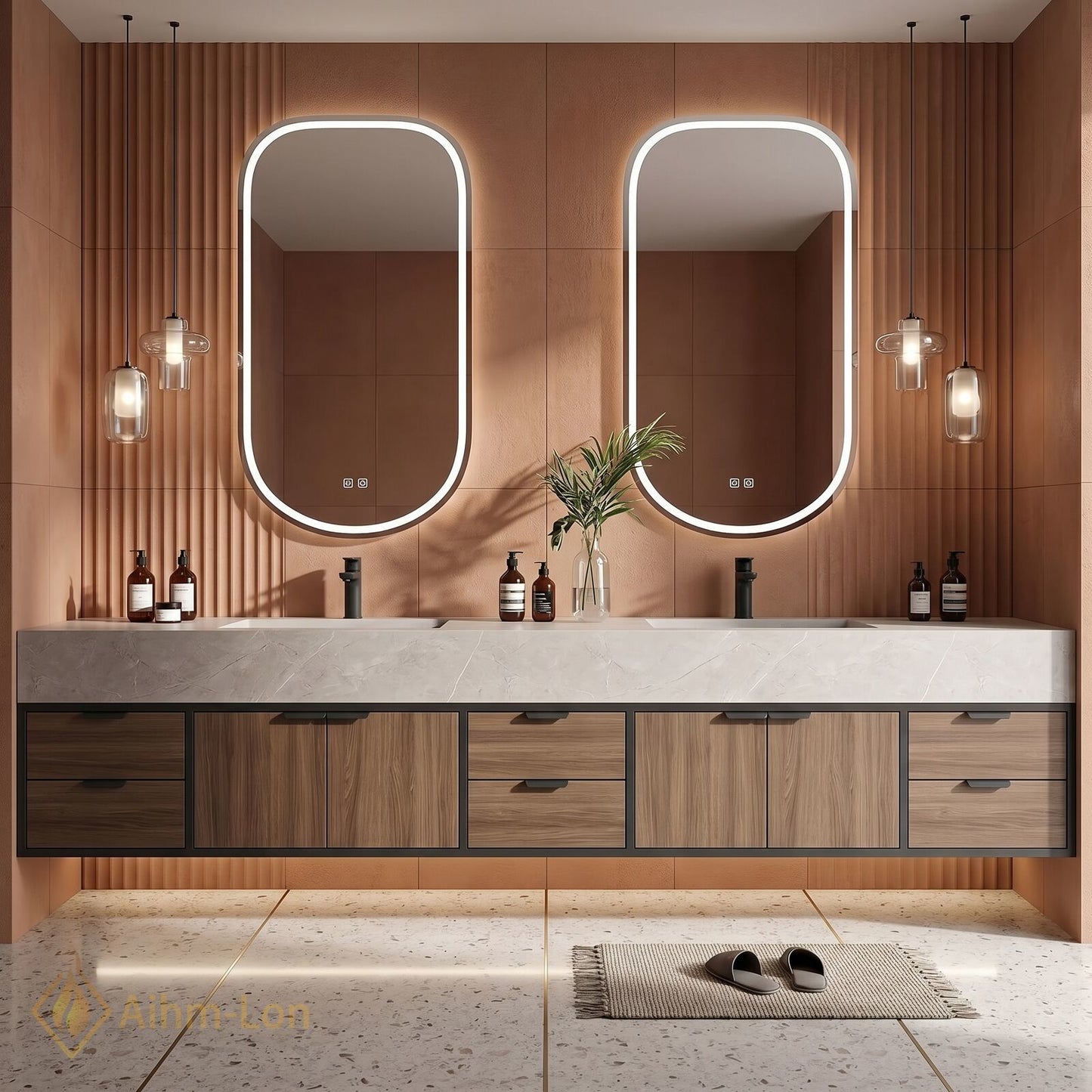 78''-96'' Double Bathroom Vanity with Sink Floating Modern Wood-Grain Sleek Oval Mirrors
