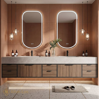 78''-96'' Double Bathroom Vanity with Sink Floating Modern Wood-Grain Sleek Oval Mirrors