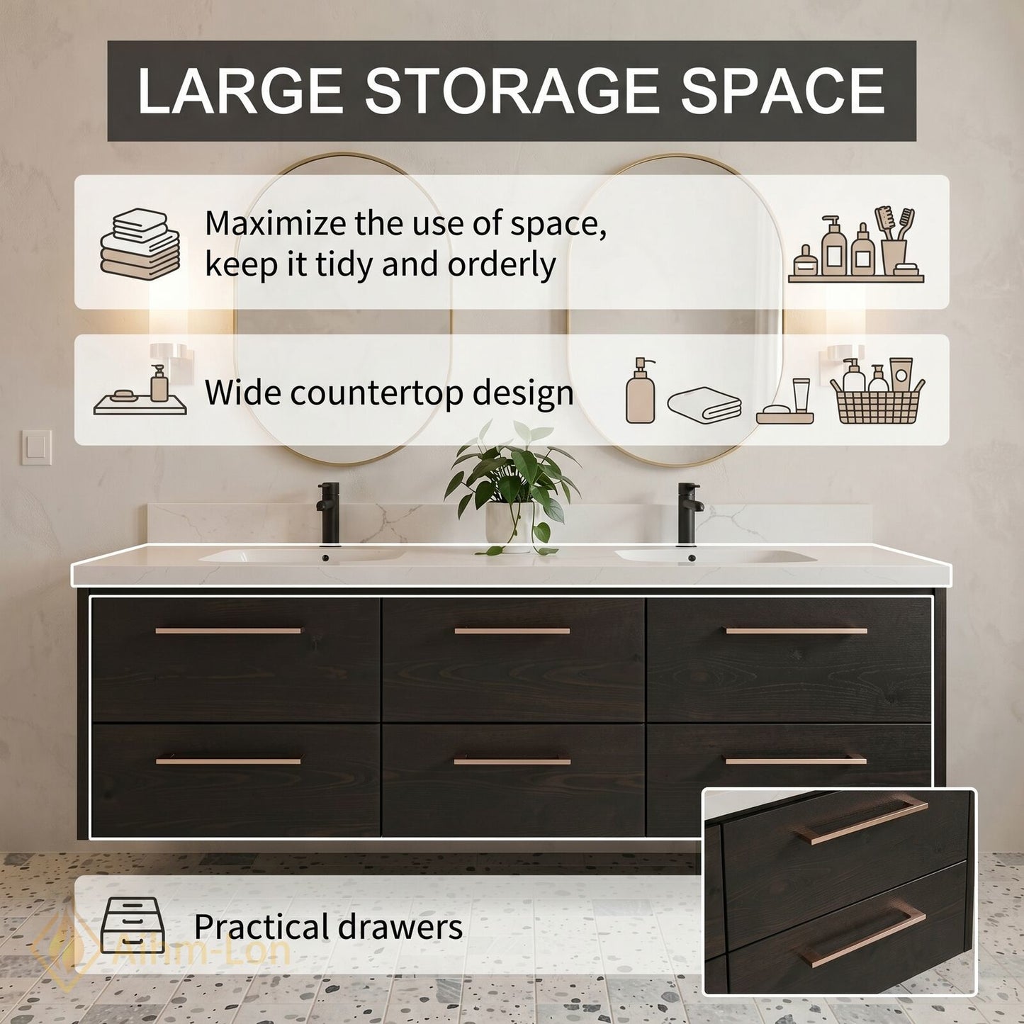 60''-96'' Modern Bathroom Vanity with Sink Floating Dark Wood Grain Anti-Fog Drawers