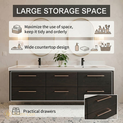 60''-96'' Modern Bathroom Vanity with Sink Floating Dark Wood Grain Anti-Fog Drawers