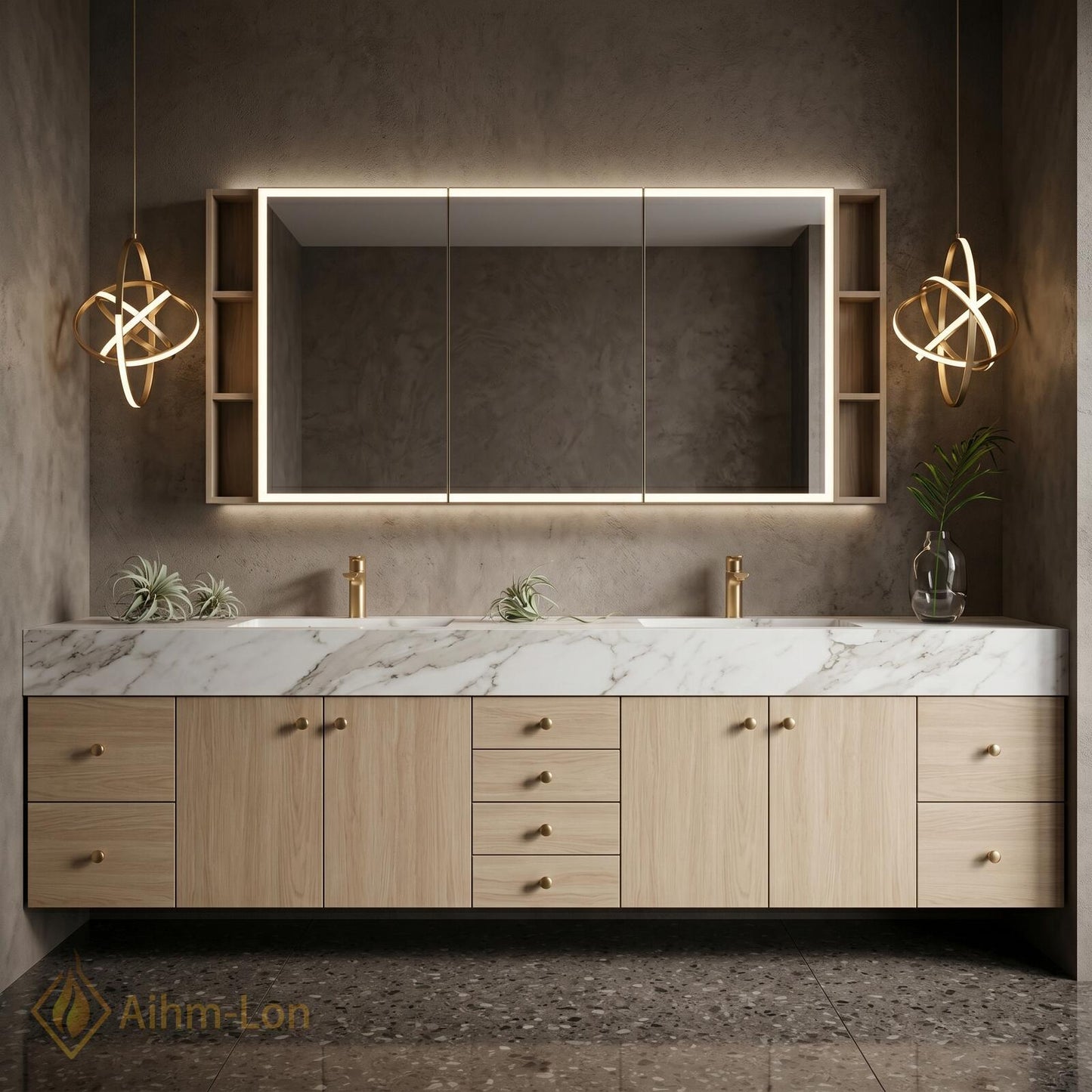70''-96'' Double Bathroom Vanity with Sink Sleek Floating Warm Wood Finish Marble