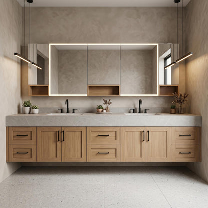 70''-96'' Modern Bathroom Vanity with Sink Double Sink Natural Wood Open Shelving Cabinet
