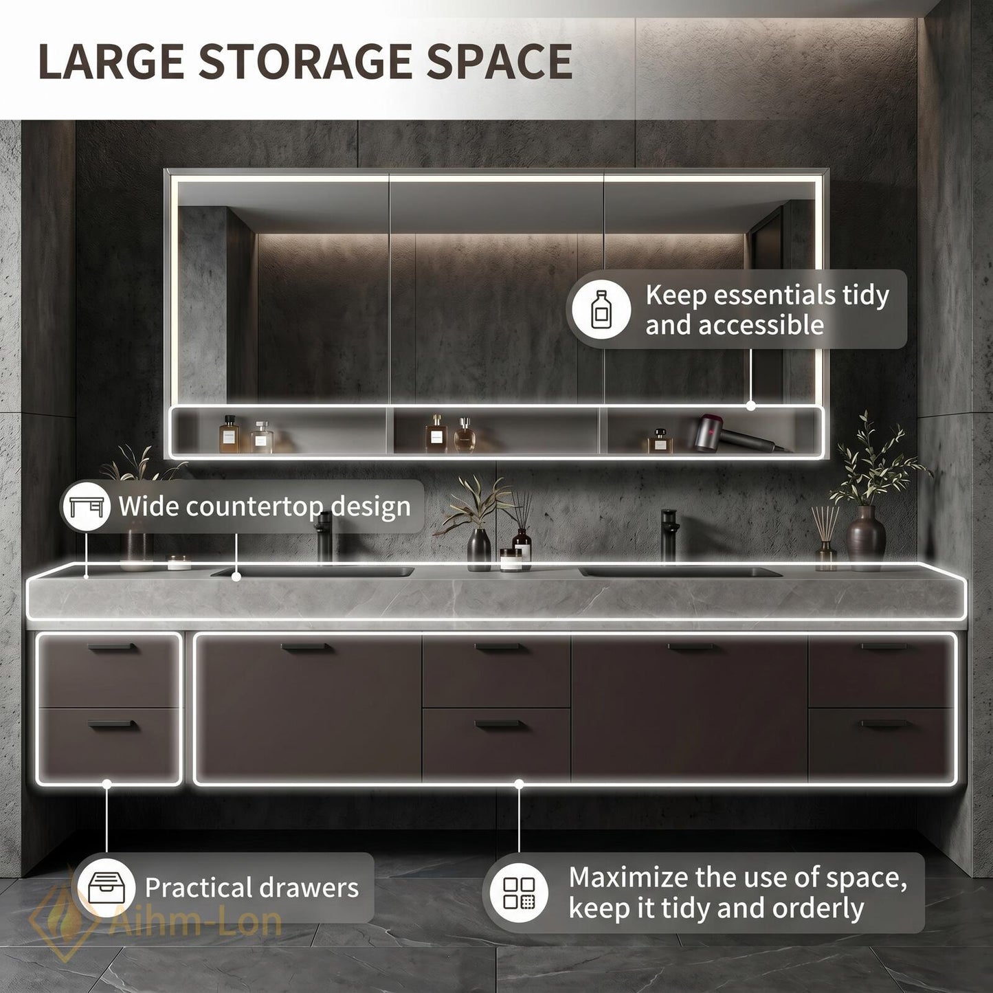 70''-96'' Double Bathroom Vanity with Sink Dark Stone Finish Slatted Center Panel