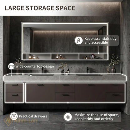 70''-96'' Double Bathroom Vanity with Sink Dark Stone Finish Slatted Center Panel