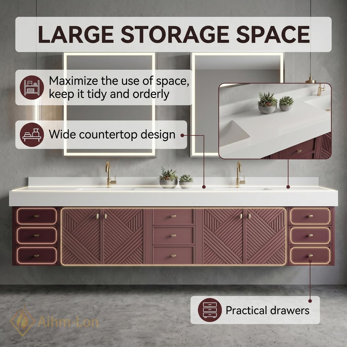 78''-96'' Modern Floating Bathroom Vanity with Sink Geometric Panel Doors Wine-Red Drawers