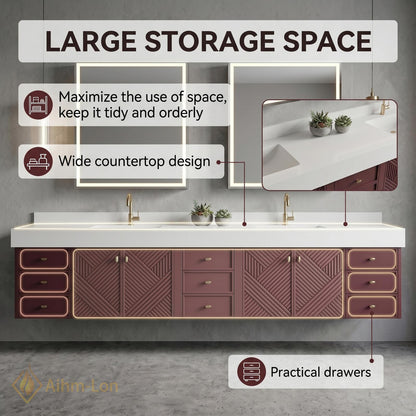 78''-96'' Modern Floating Bathroom Vanity with Sink Geometric Panel Doors Wine-Red Drawers
