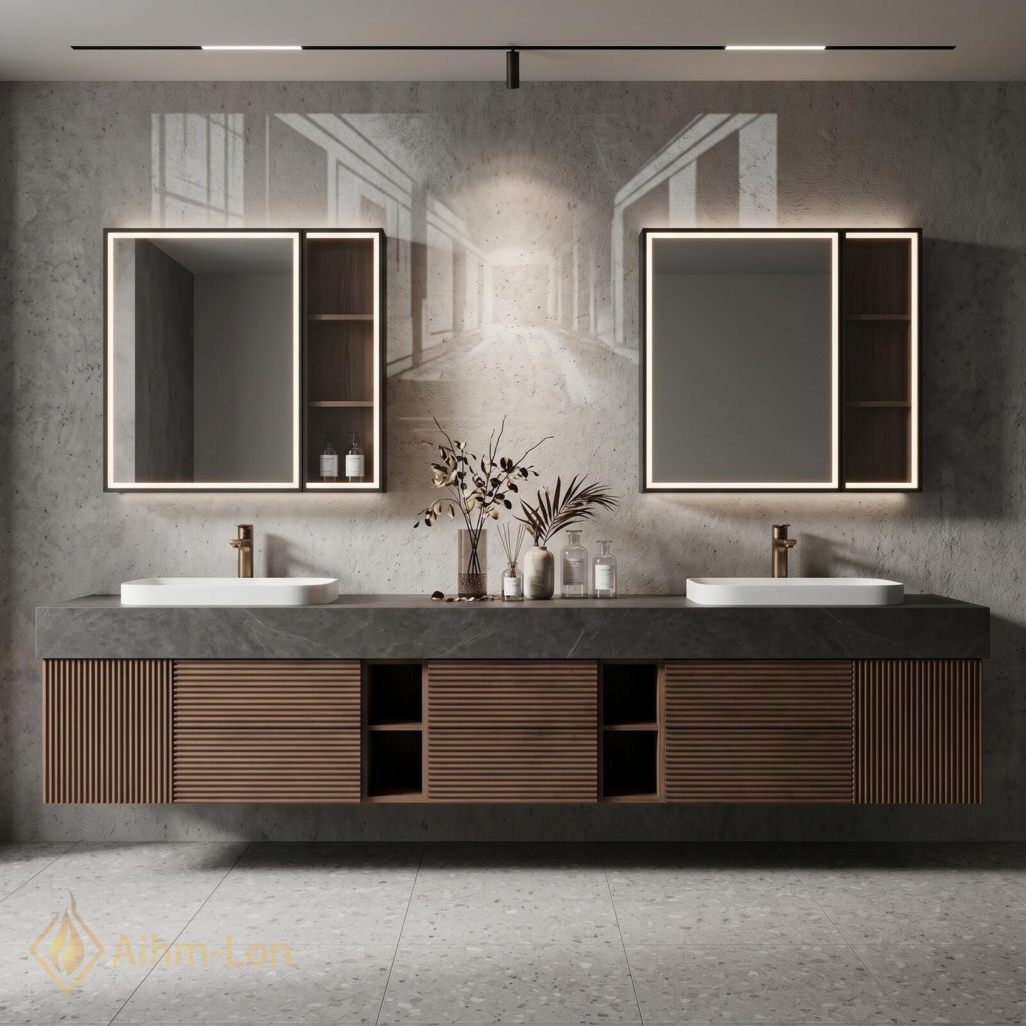 72''-96'' Double Bathroom Vanity with Sink Wood Dark Modern Floating Slatted Doors