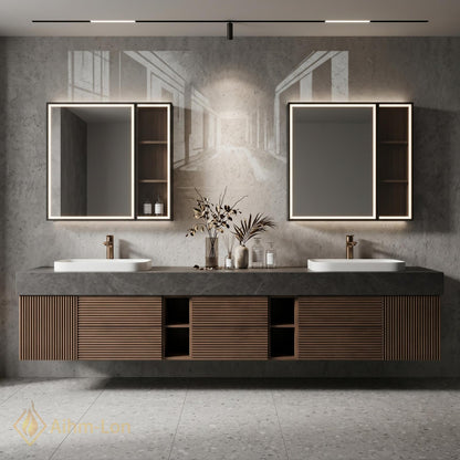 72''-96'' Double Bathroom Vanity with Sink Wood Dark Modern Floating Slatted Doors