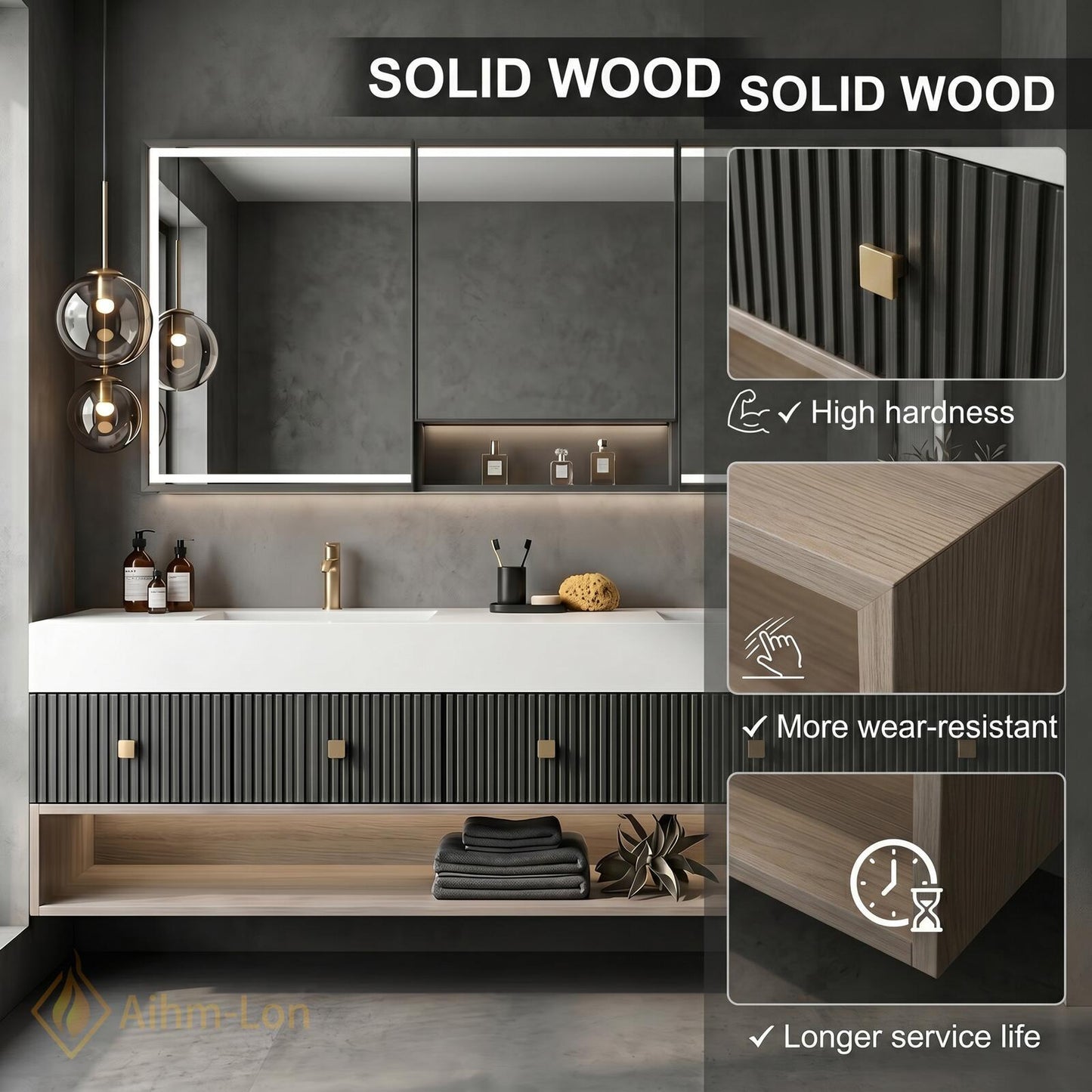 70''-96'' Double Bathroom Vanity with Sink Modern Floating Ribbed Dark Grey Panel