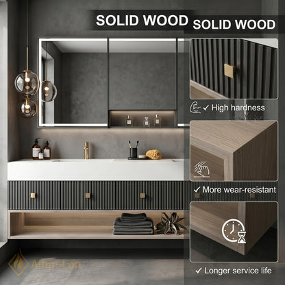 70''-96'' Double Bathroom Vanity with Sink Modern Floating Ribbed Dark Grey Panel