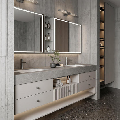 60''-96'' Modern Bathroom Vanity with Sink Double Sink Grey Stone Slatted Divider Mirror Cabinet