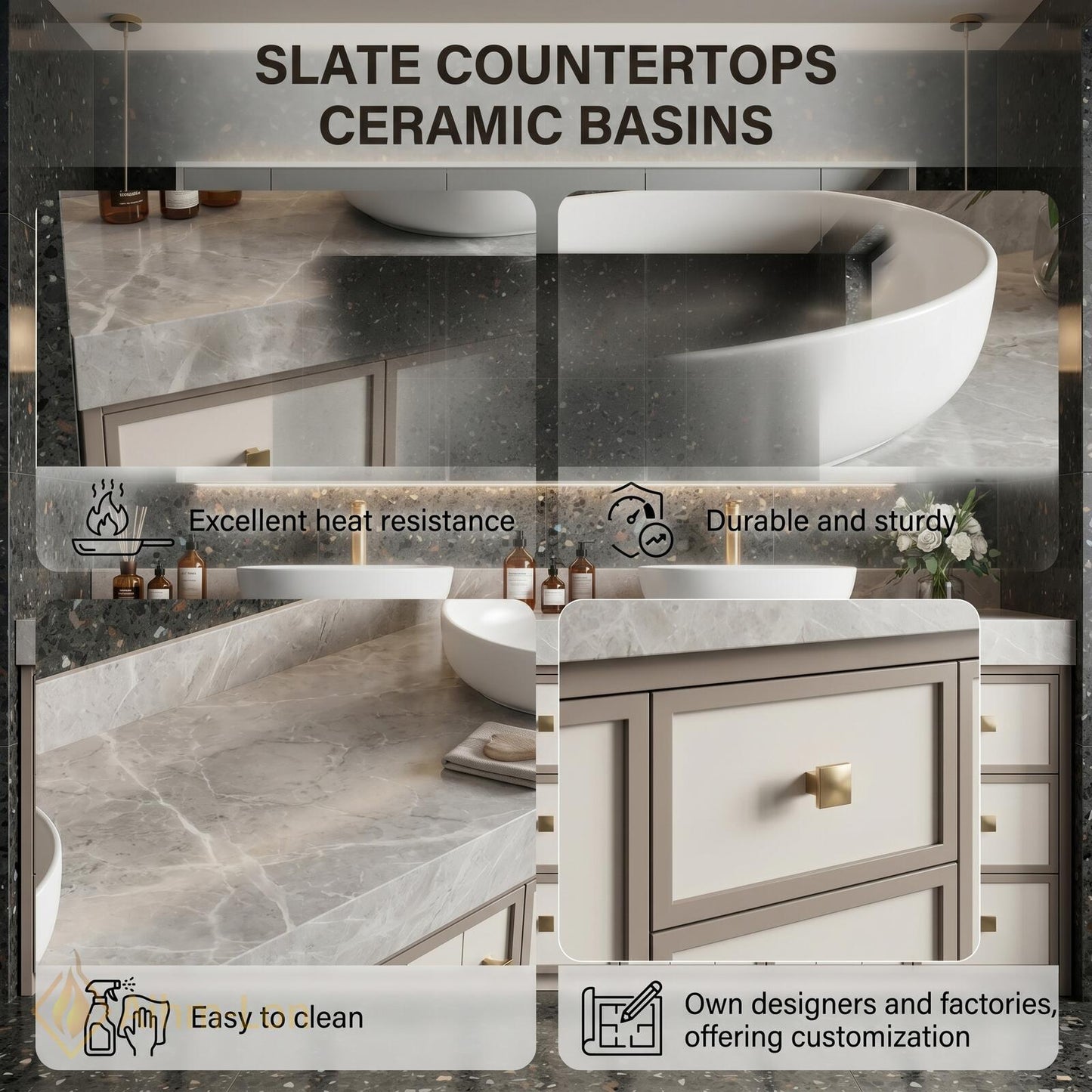 78''-96'' Double Bathroom Vanity with Sink Modern White Paneled Front Taupe Frame