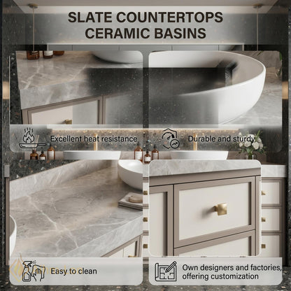 78''-96'' Double Bathroom Vanity with Sink Modern White Paneled Front Taupe Frame