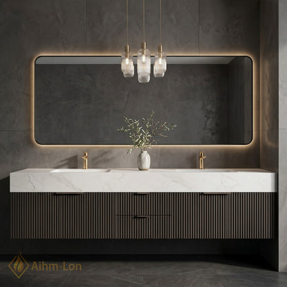 60''-96'' Double Bathroom Vanity with Sink White-Marble White Modern Vanities Vertical Ribbed