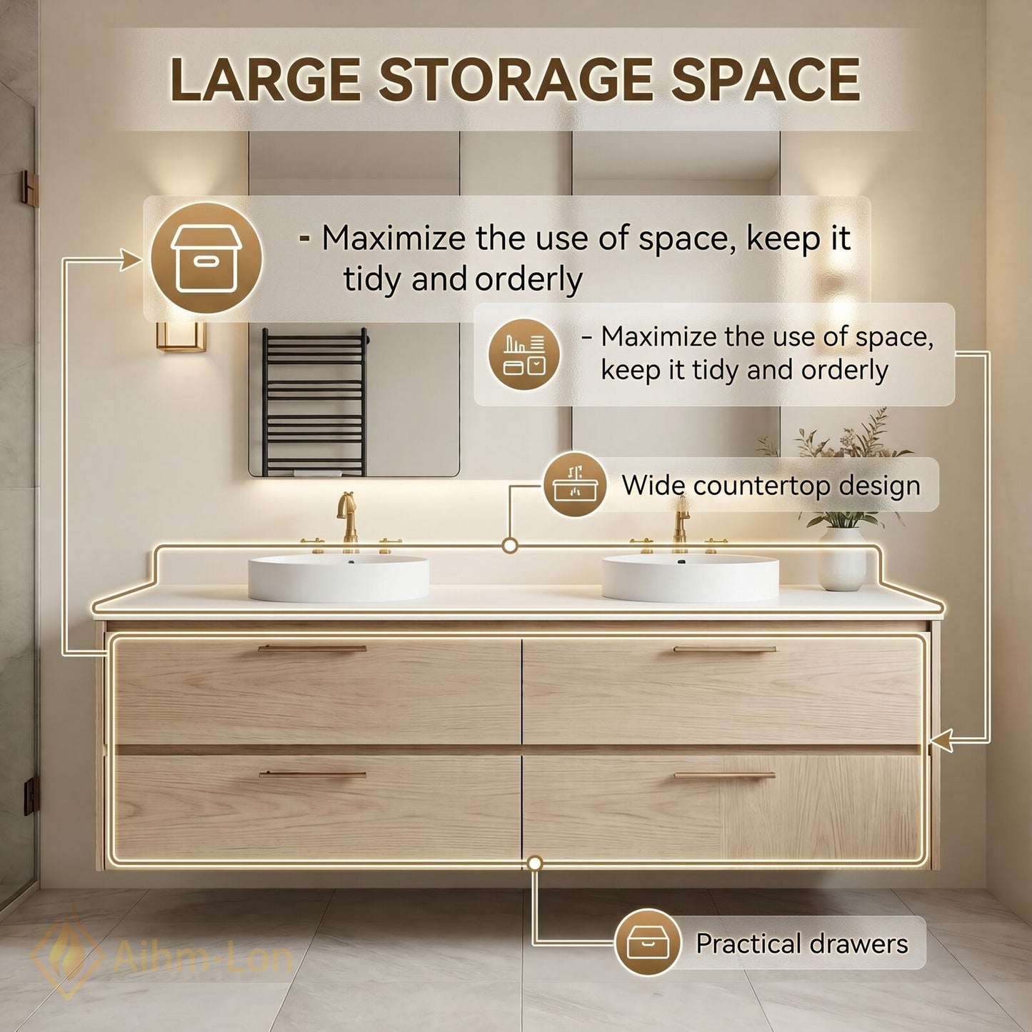 60''-96'' Modern Bathroom Vanity with Sink Floating Light Oak Finish Four Drawers