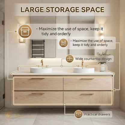 60''-96'' Modern Bathroom Vanity with Sink Floating Light Oak Finish Four Drawers