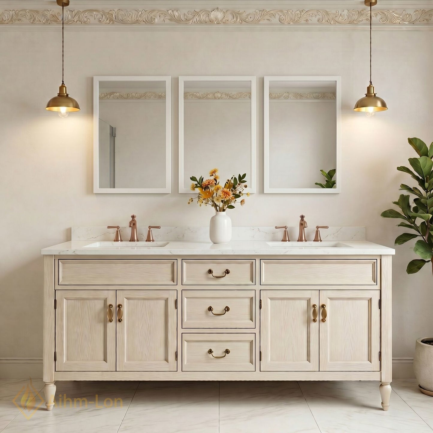 76''-96'' Classic Bathroom Vanity with Sink Light Wood Grain Marble Shaker Drawers