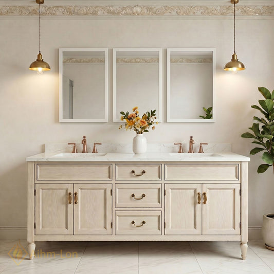 76''-96'' Classic Bathroom Vanity with Sink Light Wood Grain Marble Shaker Drawers