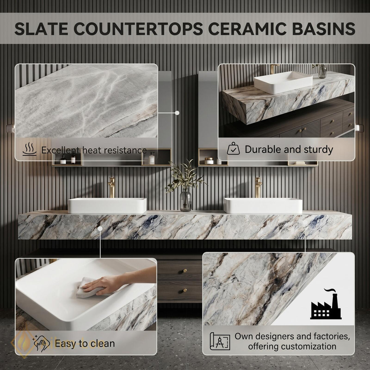 76''-96'' Double Bathroom Vanity with Sink Marble Top Glass Mirror Cabinets Storage