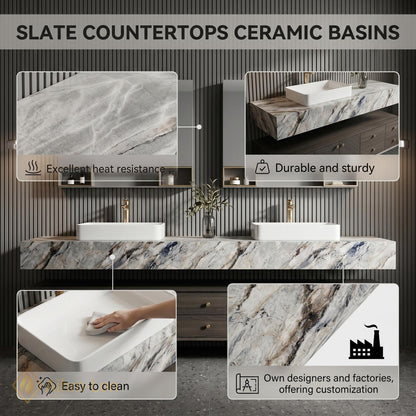 76''-96'' Double Bathroom Vanity with Sink Marble Top Glass Mirror Cabinets Storage