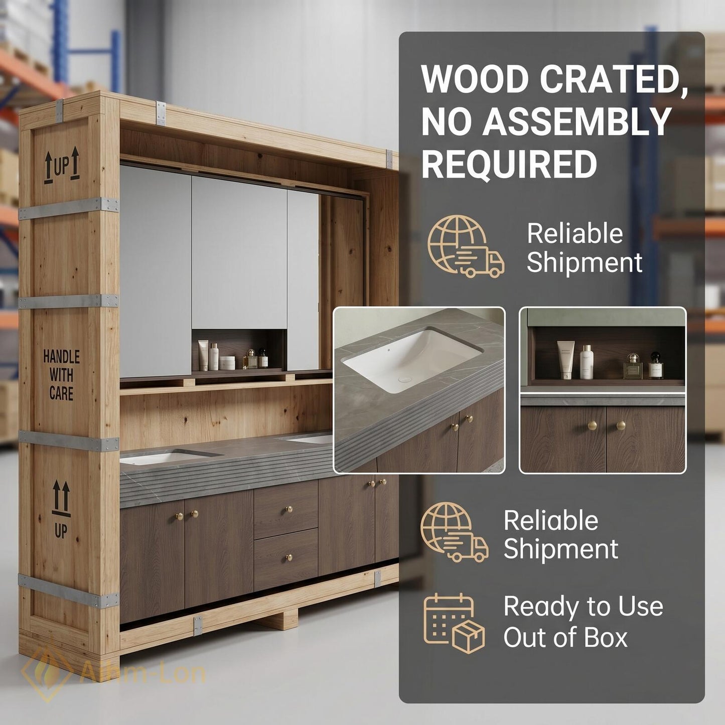 60''-96'' Modern Double Floating Bathroom Vanity with Sink Dark Walnut Slatted Panel