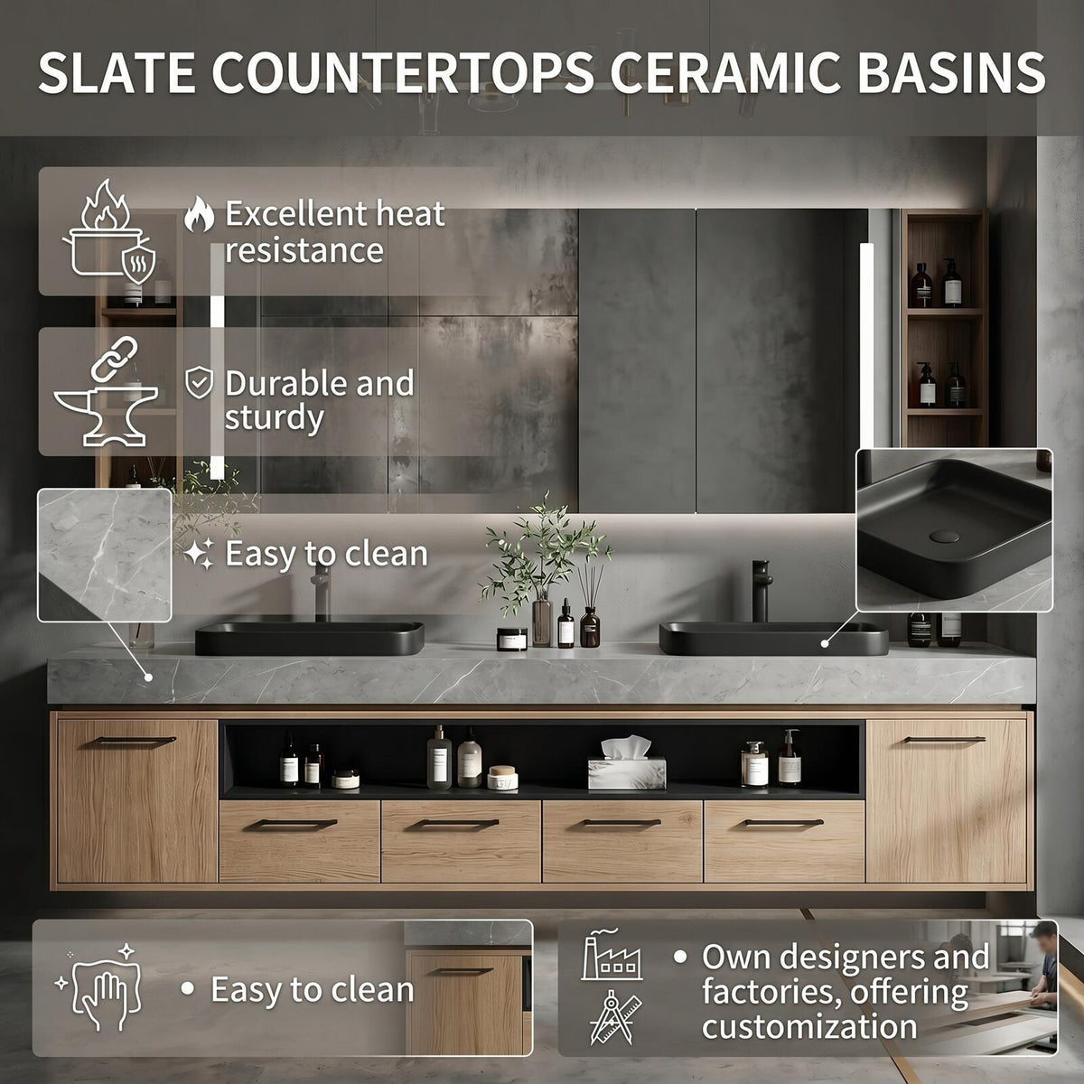 60''-96'' Double Bathroom Vanity with Sink Floating Light Oak Wood Grey Textured Stone