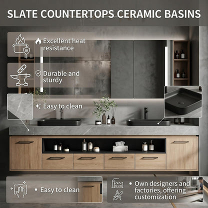 60''-96'' Double Bathroom Vanity with Sink Floating Light Oak Wood Grey Textured Stone