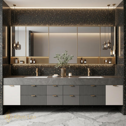 78''-96'' Double Bathroom Vanity with Sink Charcoal Modern Floating Stone Drawer Mirror