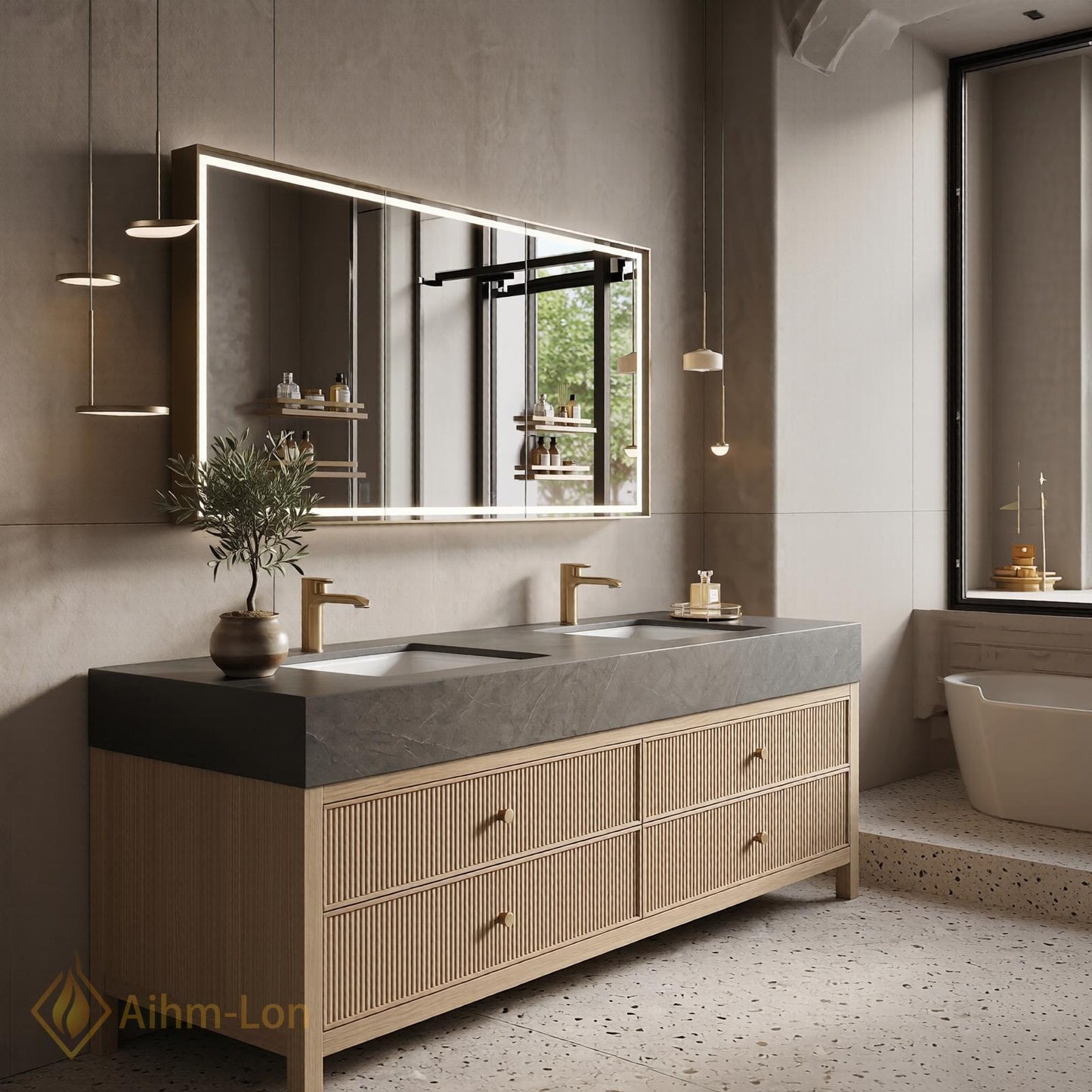 60''-96'' Modern Double Bathroom Vanity with Sink Light Wood Fluted Drawer Fronts