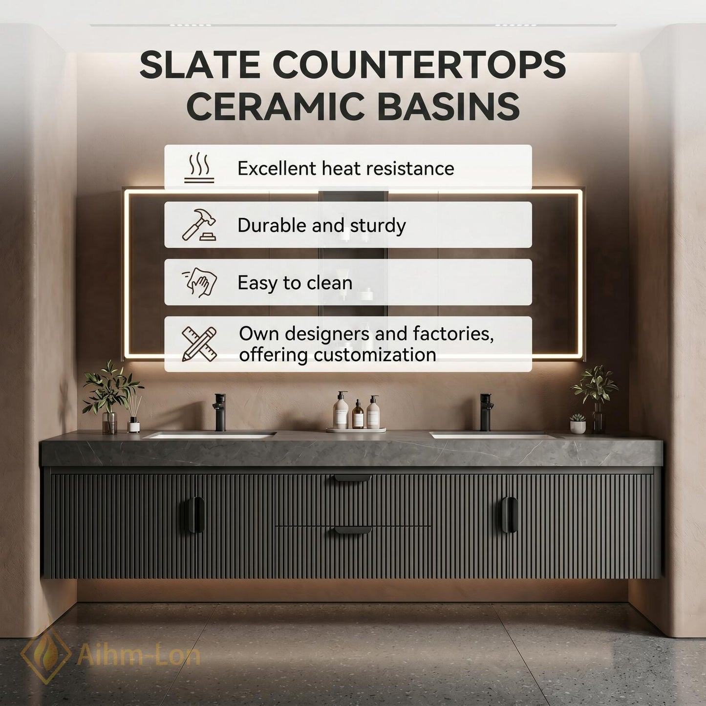 60''-96'' Modern Double Bathroom Vanity with Sink Dark Slate Fluted Vertical Panel