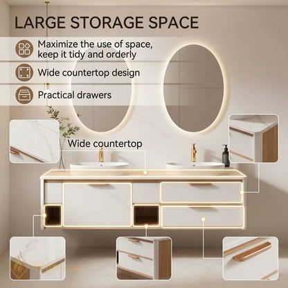 60''-96'' Floating Bathroom Vanity with Sink Double Basin Marble Pattern Finish Storage