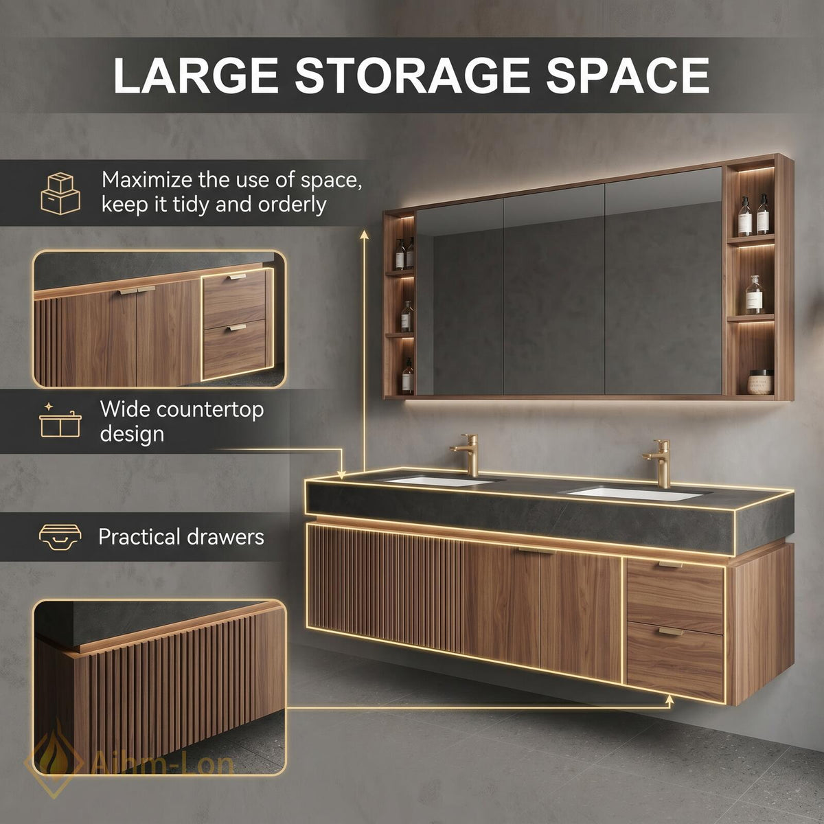 60''-96'' Double Bathroom Vanity with Sink Floating Double Walnut Finish Dark