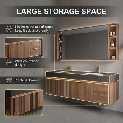 60''-96'' Double Bathroom Vanity with Sink Floating Double Walnut Finish Dark